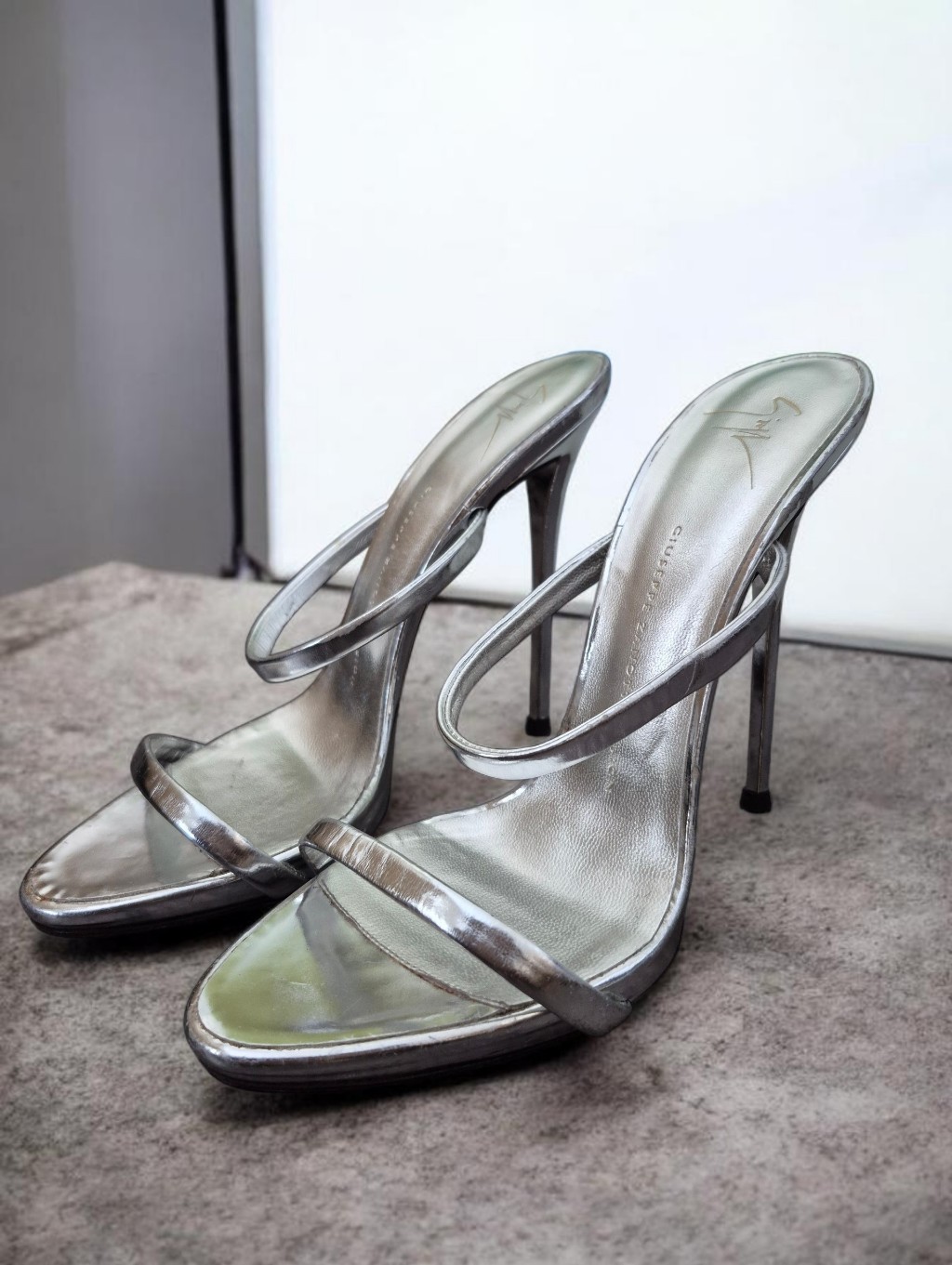 Giuseppe Zanotti Metallic Silver Double-Strap Slide Heels